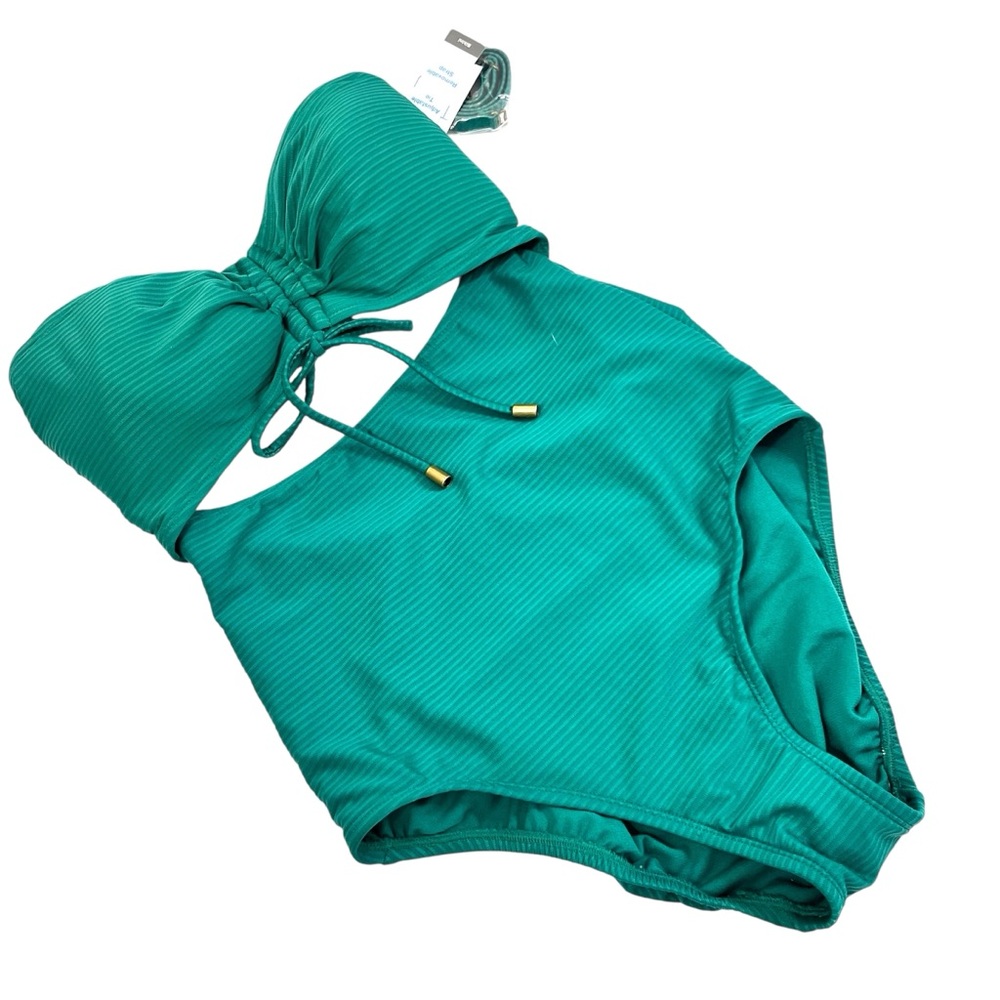 Time & Tru Green Ribbed One Piece Swimsuit Women’s Size 8-10 Cutout Tie Front